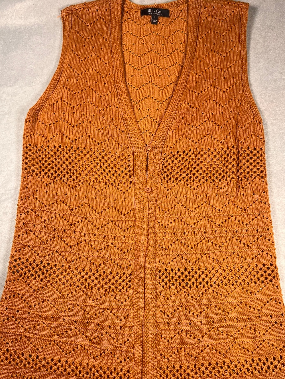 Burnt Orange Longline Knit Vest L Boho Pointelle Cardigan Duster